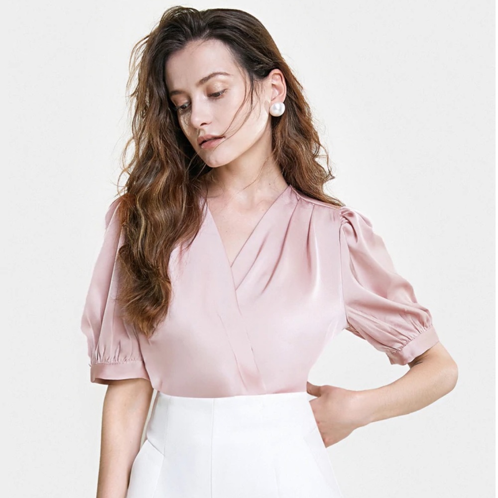 Pink Surplice Neck Ruched Blouse xs